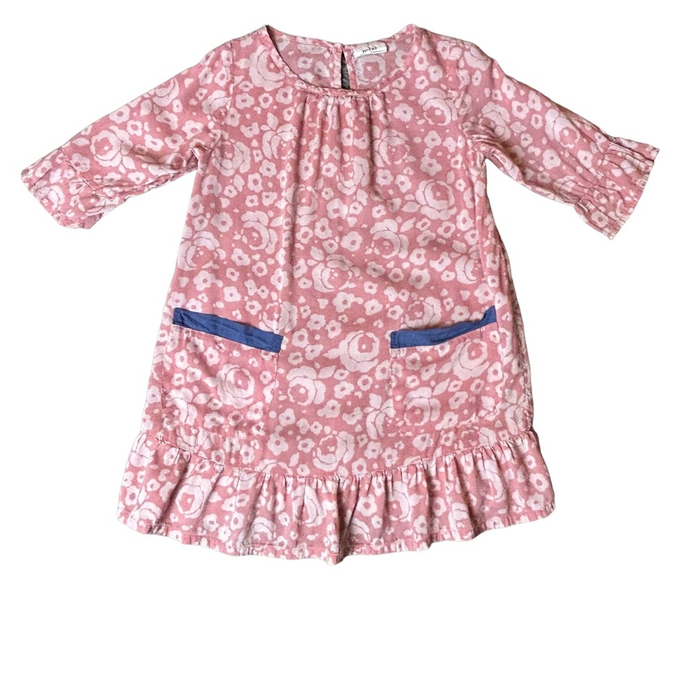Mini Boden mauve pink floral print ruffle hem viscose dress size 3-4y